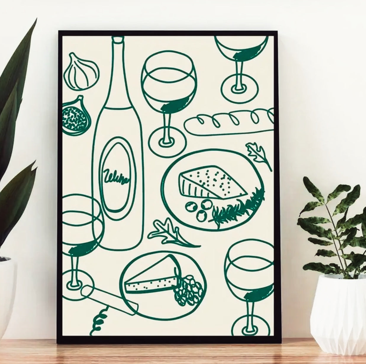 Green Hand-Drawn Cheese & Wine Print